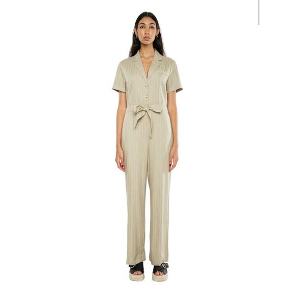 Rouso The Label Harper Collared Jumpsuit Striped Khaki Minimalist Womens XS New - Picture 1 of 13